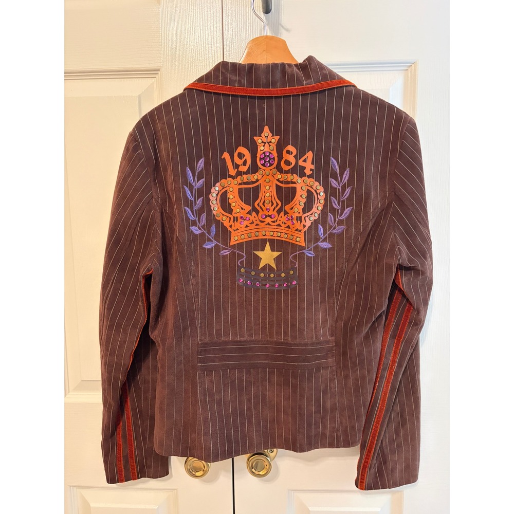 Wilsons Leather Brown Pinstripe Suede Blazer 1984 Crown Studded Jacket Large - Picture 7 of 8